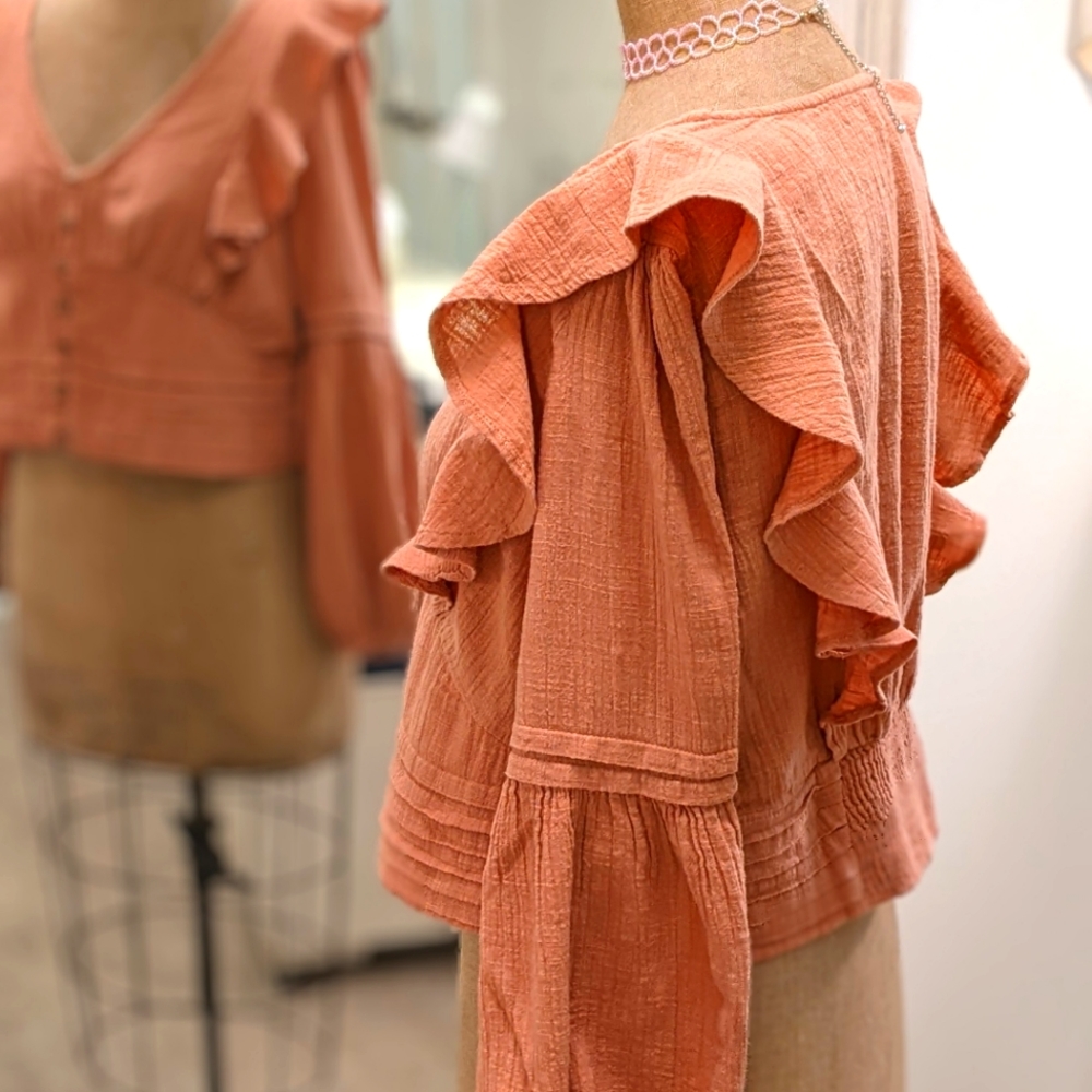 Primark Rust Coral Button-Front Ruffle Blouse - Picture 2 of 8
